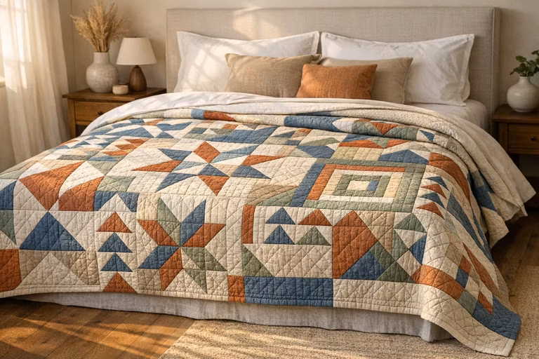 Geometric quilt design preview on a bed